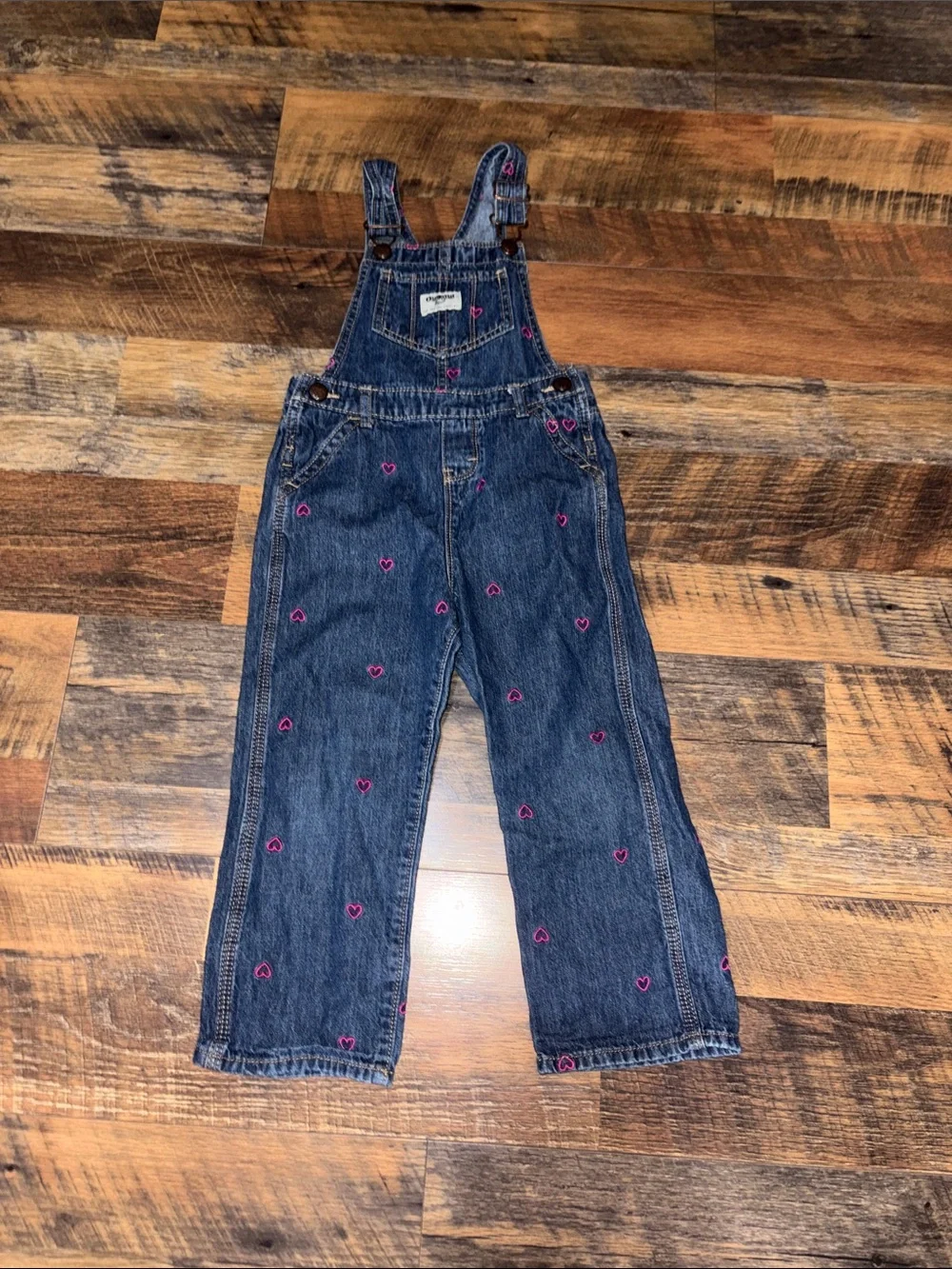 OshKosh B'gosh Dark Blue Denim Overalls with Pink Heart Embroidery